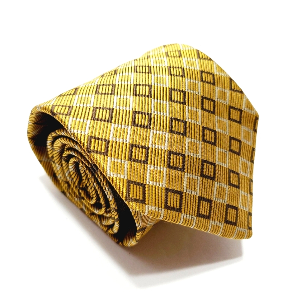 Nick Hilton 1888 Necktie Gold Geometric Pattern Silk Neck Tie Jacquard Fabric